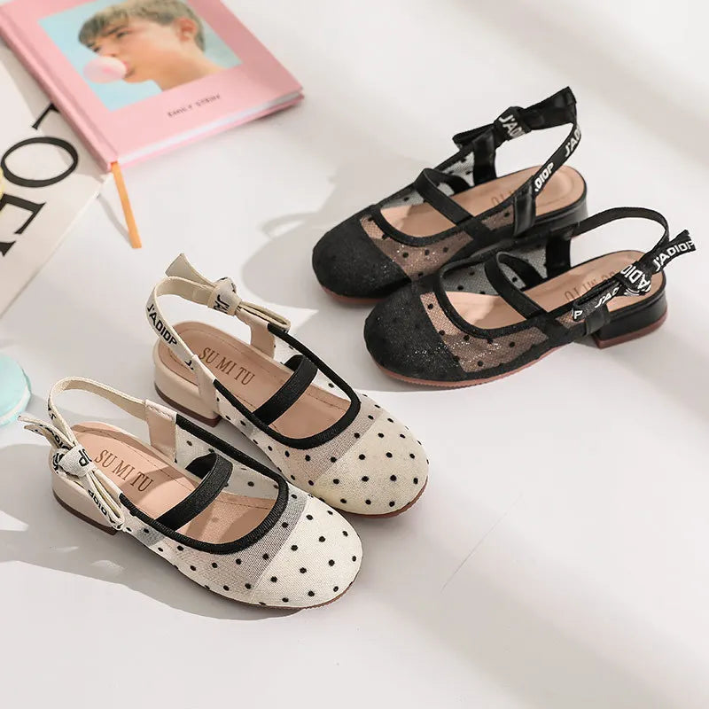 Polka Dot Mesh Block Heel Sandals