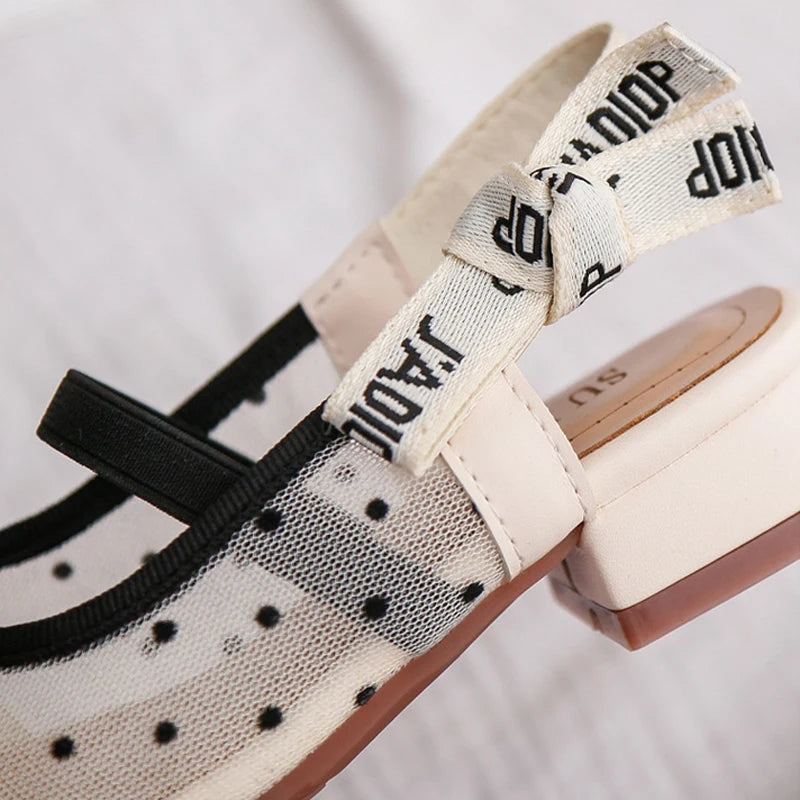 Polka Dot Mesh Block Heel Sandals