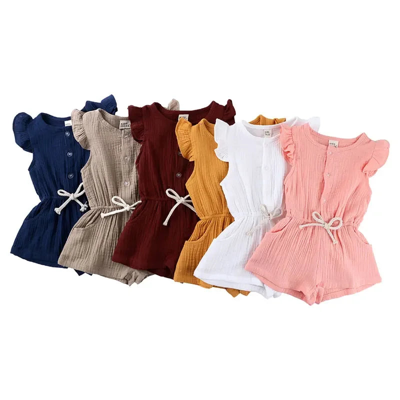 Cotton Linen Girl Jumpsuit Solid Color