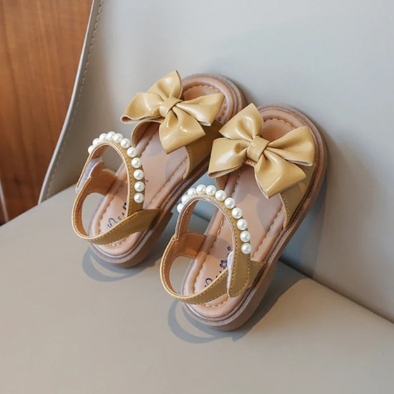 Girls Elegant Pearl Bowknot Flats