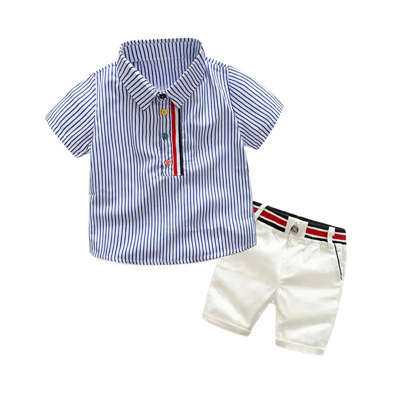 Short Sleeve Striped Shirt Pants Sets