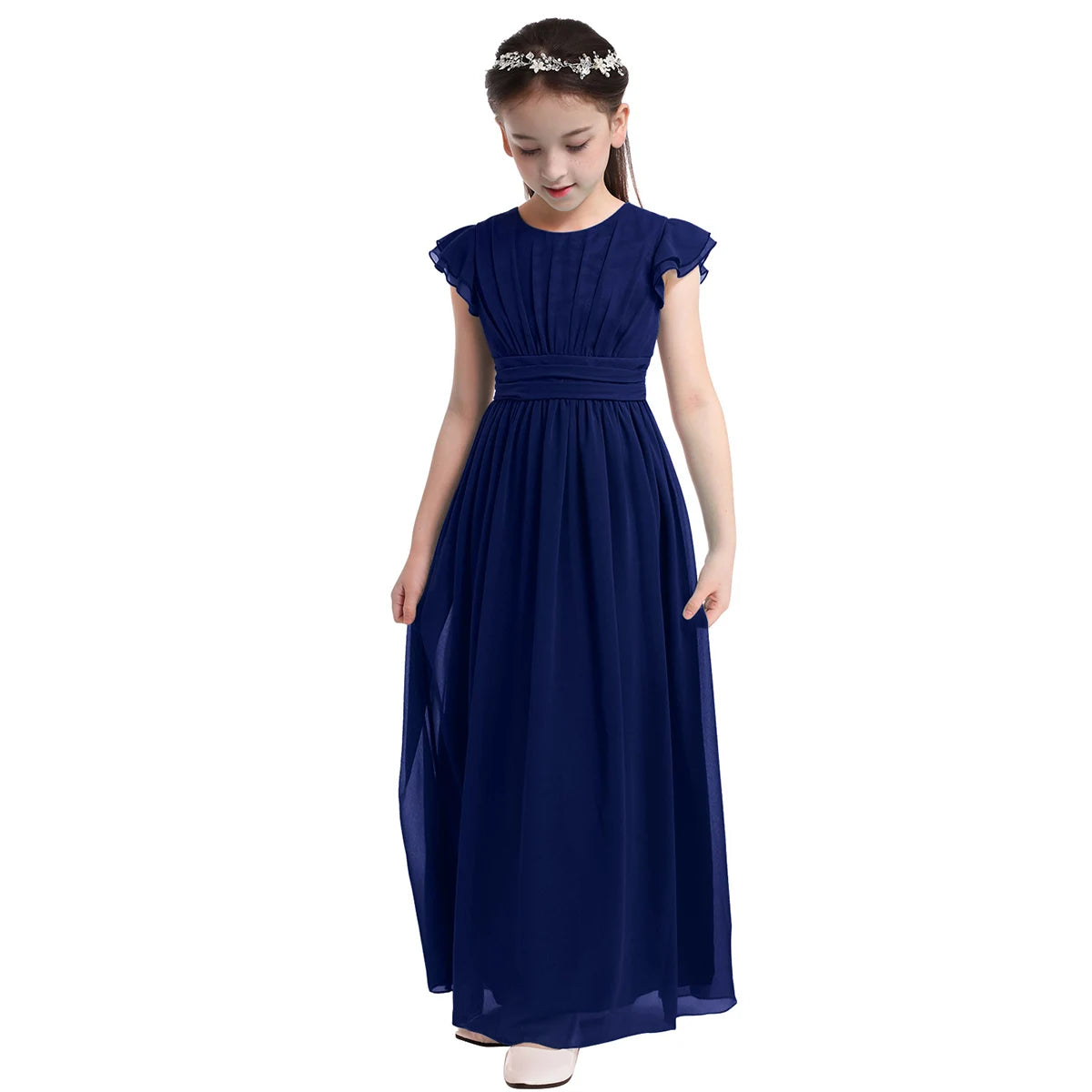 Girls Chiffon Flutter Sleeves Dress