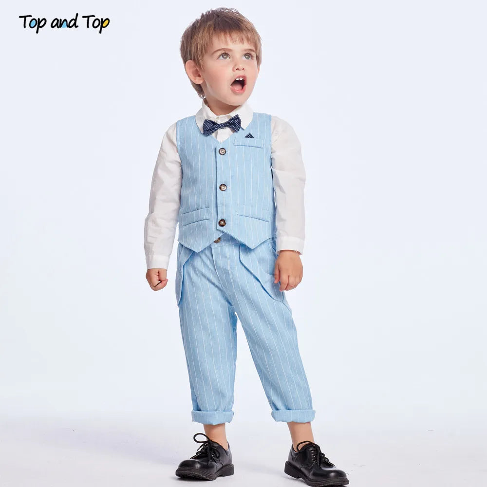 Shirt Bow Tie Striped Vest+Trousers 3Pcs