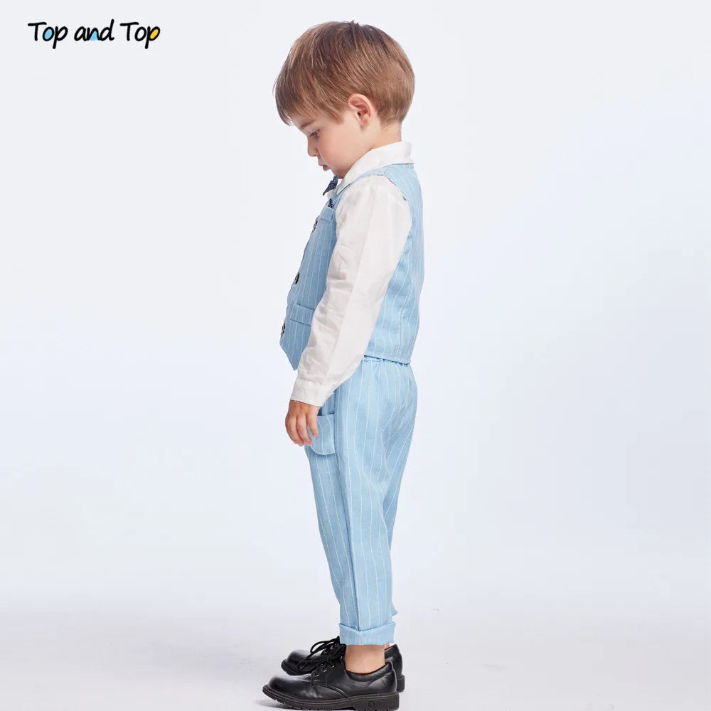 Shirt Bow Tie Striped Vest+Trousers 3Pcs