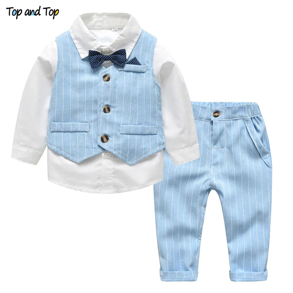 Shirt Bow Tie Striped Vest+Trousers 3Pcs