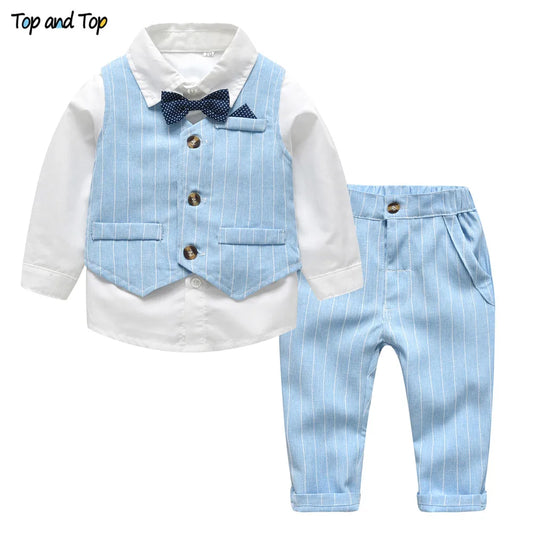 Shirt Bow Tie Striped Vest+Trousers 3Pcs