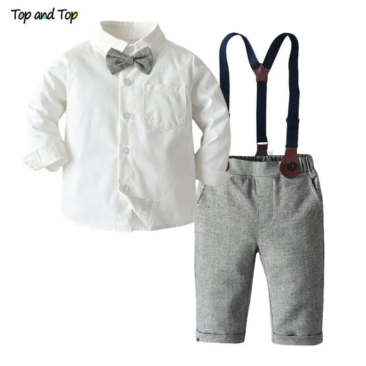 Long Sleeve Bowtie Shirt Overalls 2Pcs