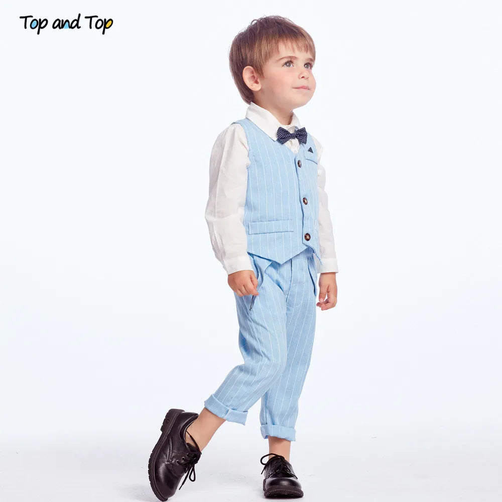 Shirt Bow Tie Striped Vest+Trousers 3Pcs