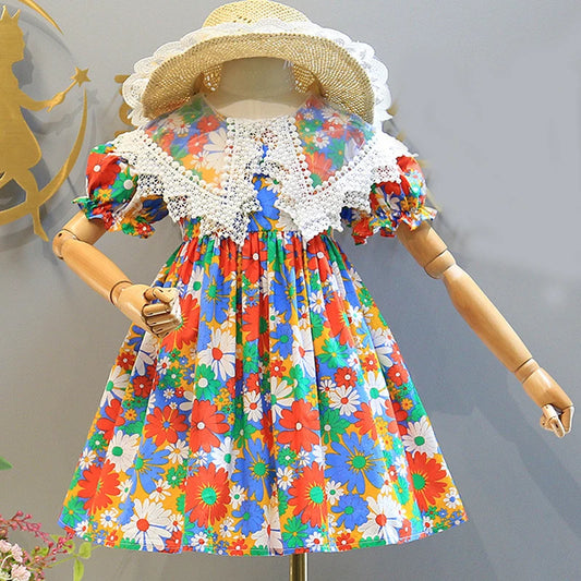 Girls Lace Lapel Floral Dress