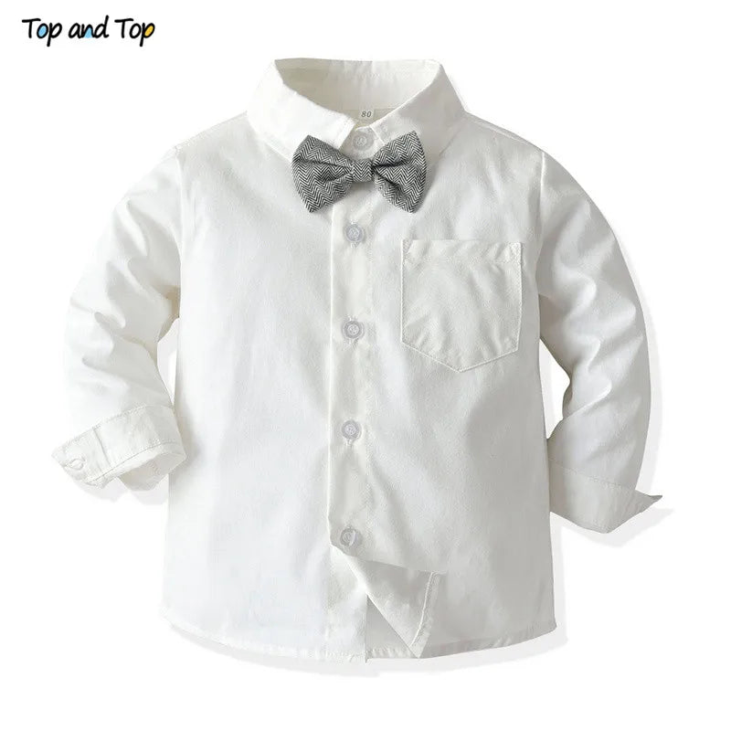 Long Sleeve Bowtie Shirt Overalls 2Pcs