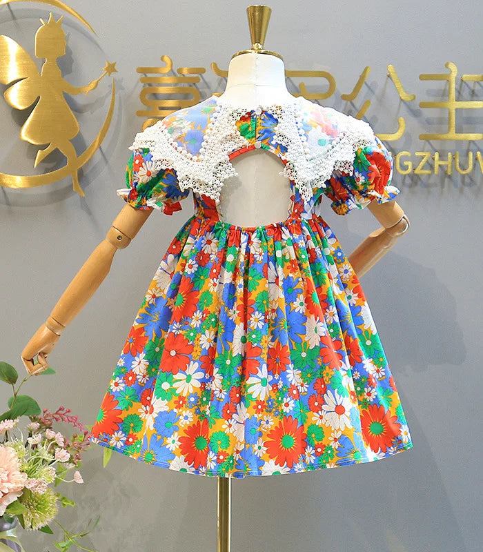 Girls Lace Lapel Floral Dress