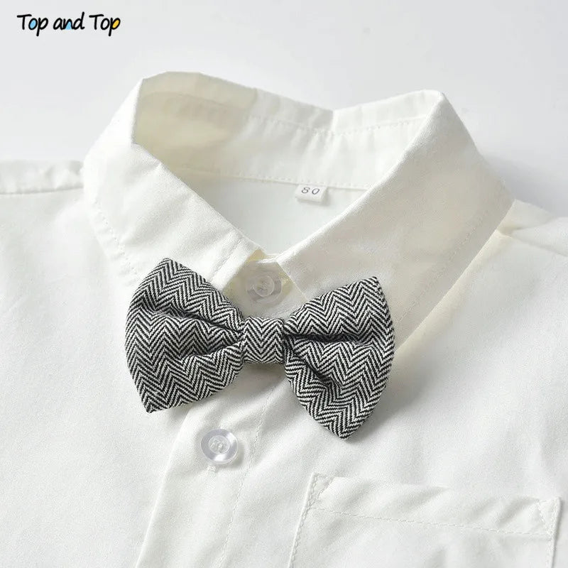 Long Sleeve Bowtie Shirt Overalls 2Pcs