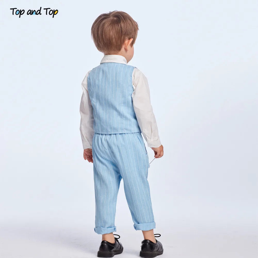 Shirt Bow Tie Striped Vest+Trousers 3Pcs