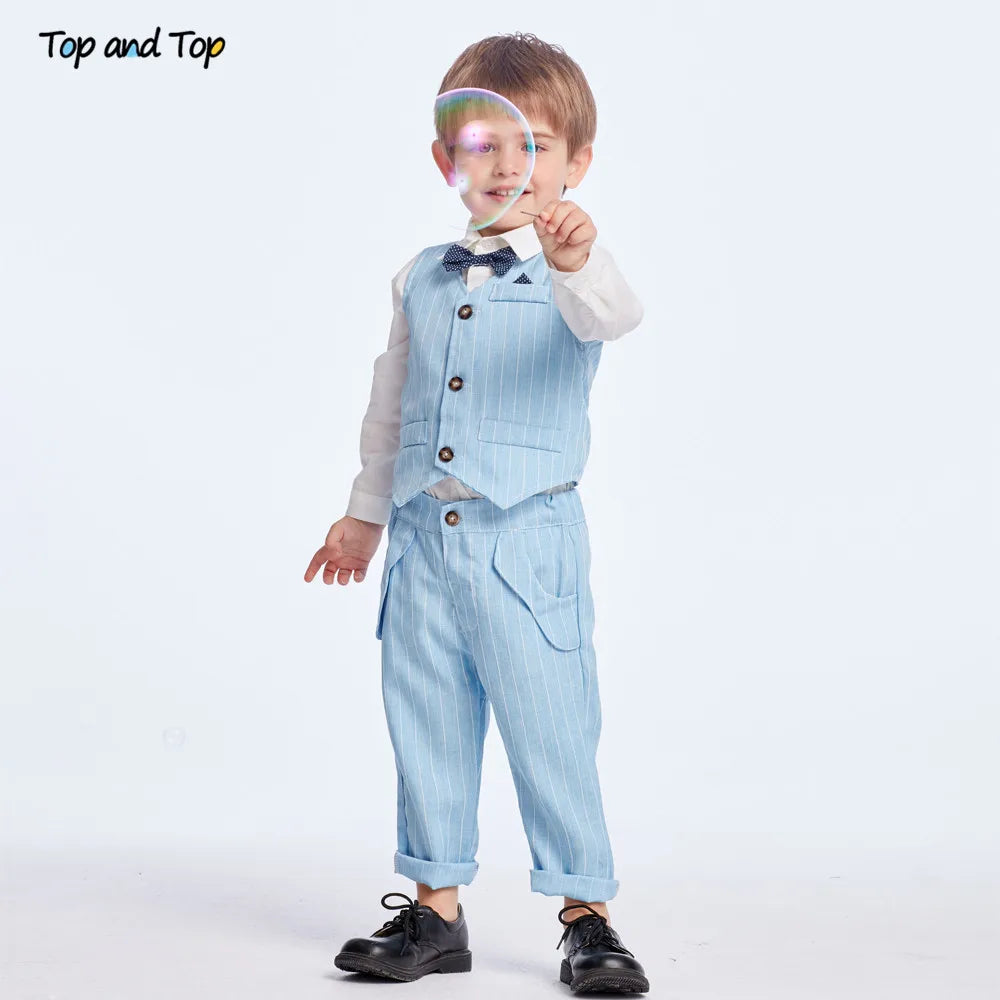 Shirt Bow Tie Striped Vest+Trousers 3Pcs