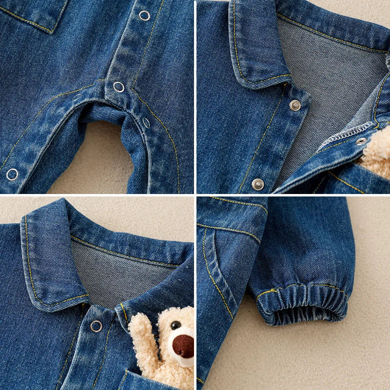 Denim Jumpsuits Pocket Bear Romper