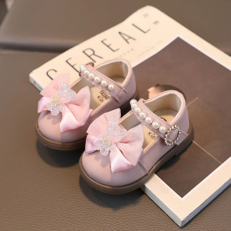 Girl Leather Shoes Bow Pearl