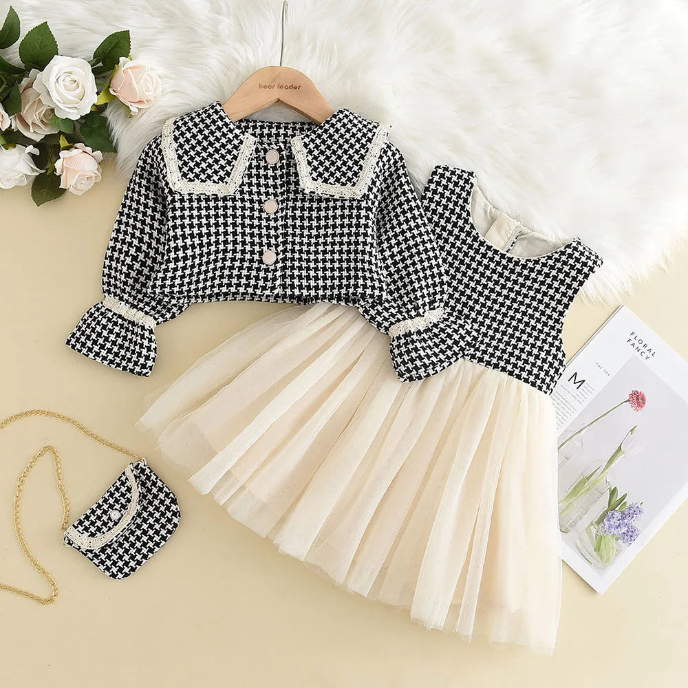 Plaid Vest Dress Retro Coat with Bag