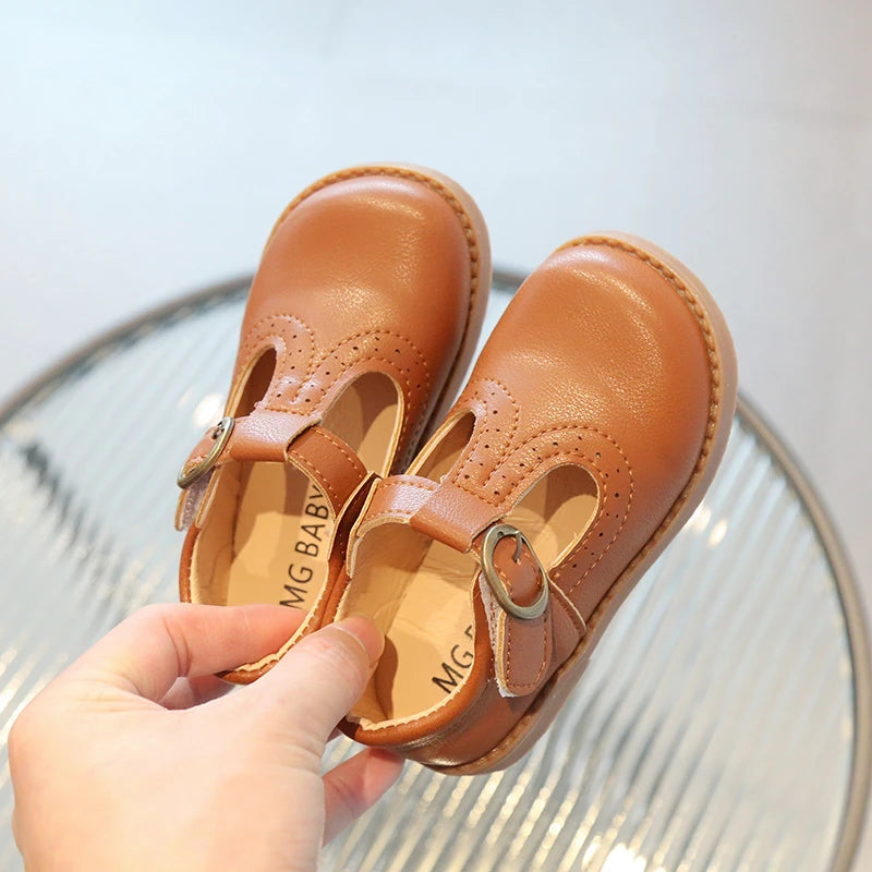 Children Leather Shoes Hollow Solid Color