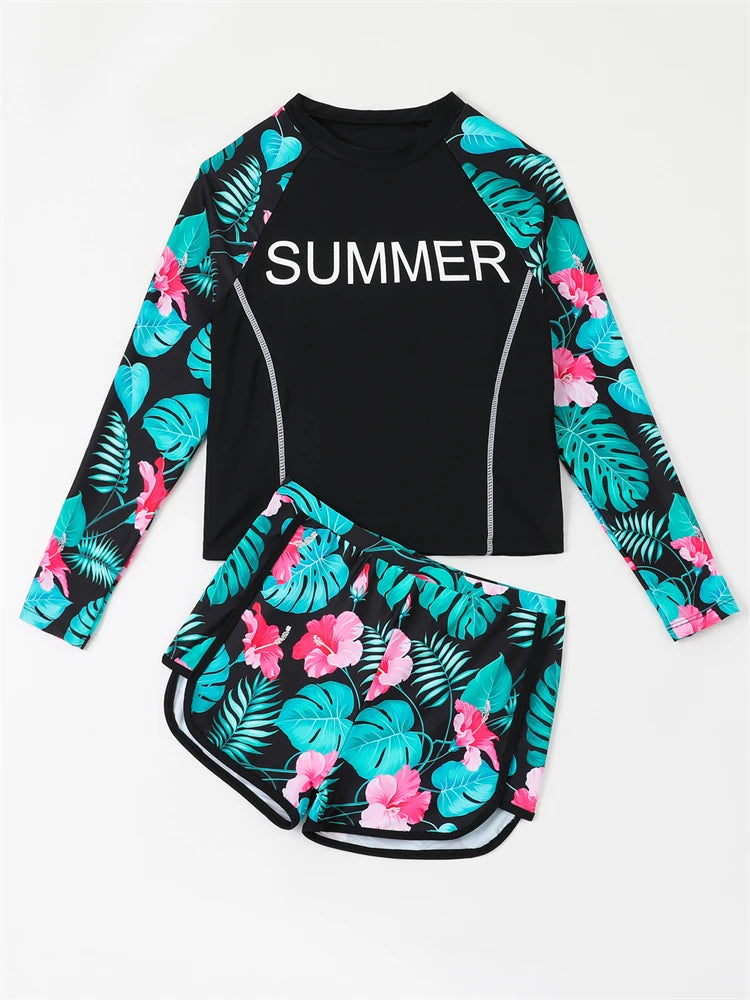 Solid Print Long Sleeves Swimwear