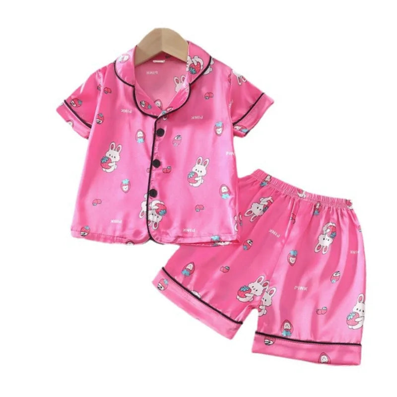 Silk Sleepwear Shirt Shorts 2Pcs Sets