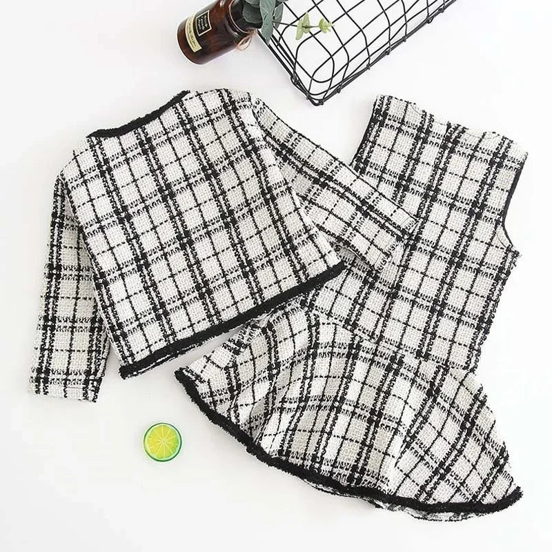 Black and White Plaid Woolen Coat 2PCS