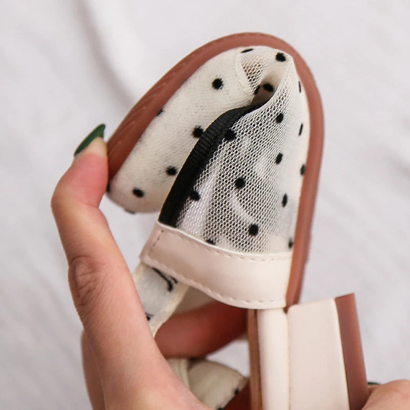 Polka Dot Mesh Block Heel Sandals