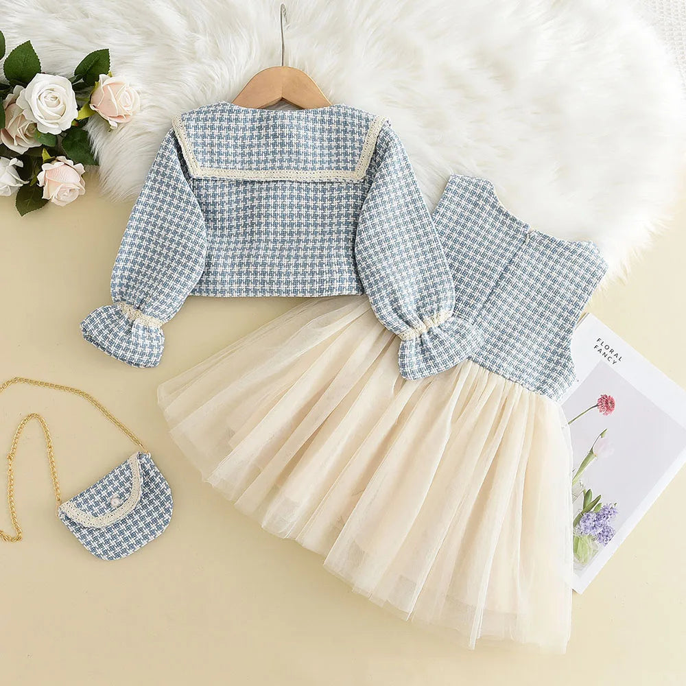 Plaid Vest Dress Retro Coat with Bag