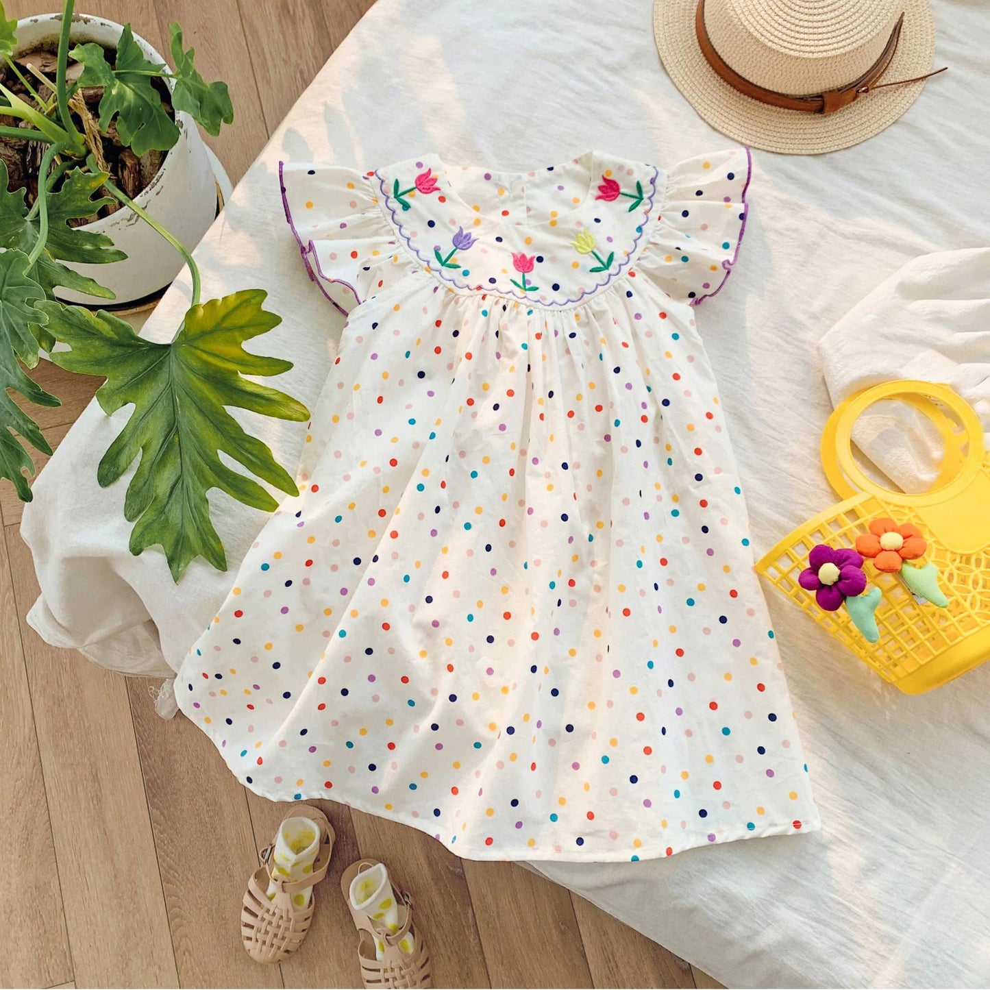 Embroidery Flying Sleeve Polka Dot Dress