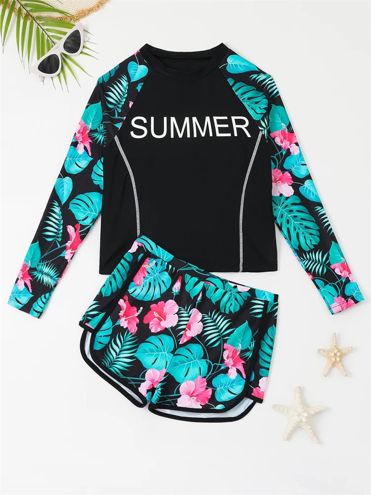 Solid Print Long Sleeves Swimwear