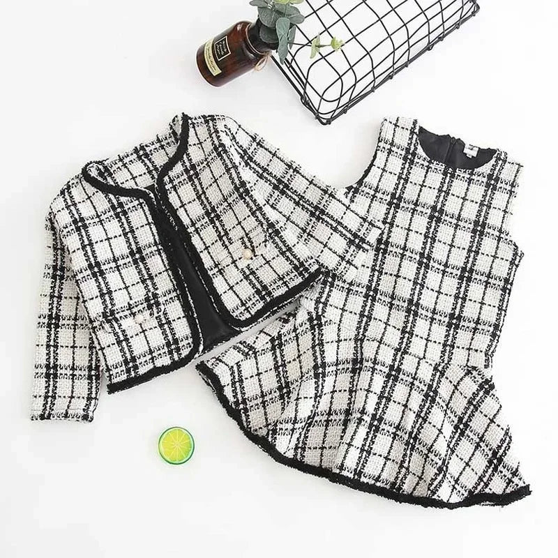 Black and White Plaid Woolen Coat 2PCS