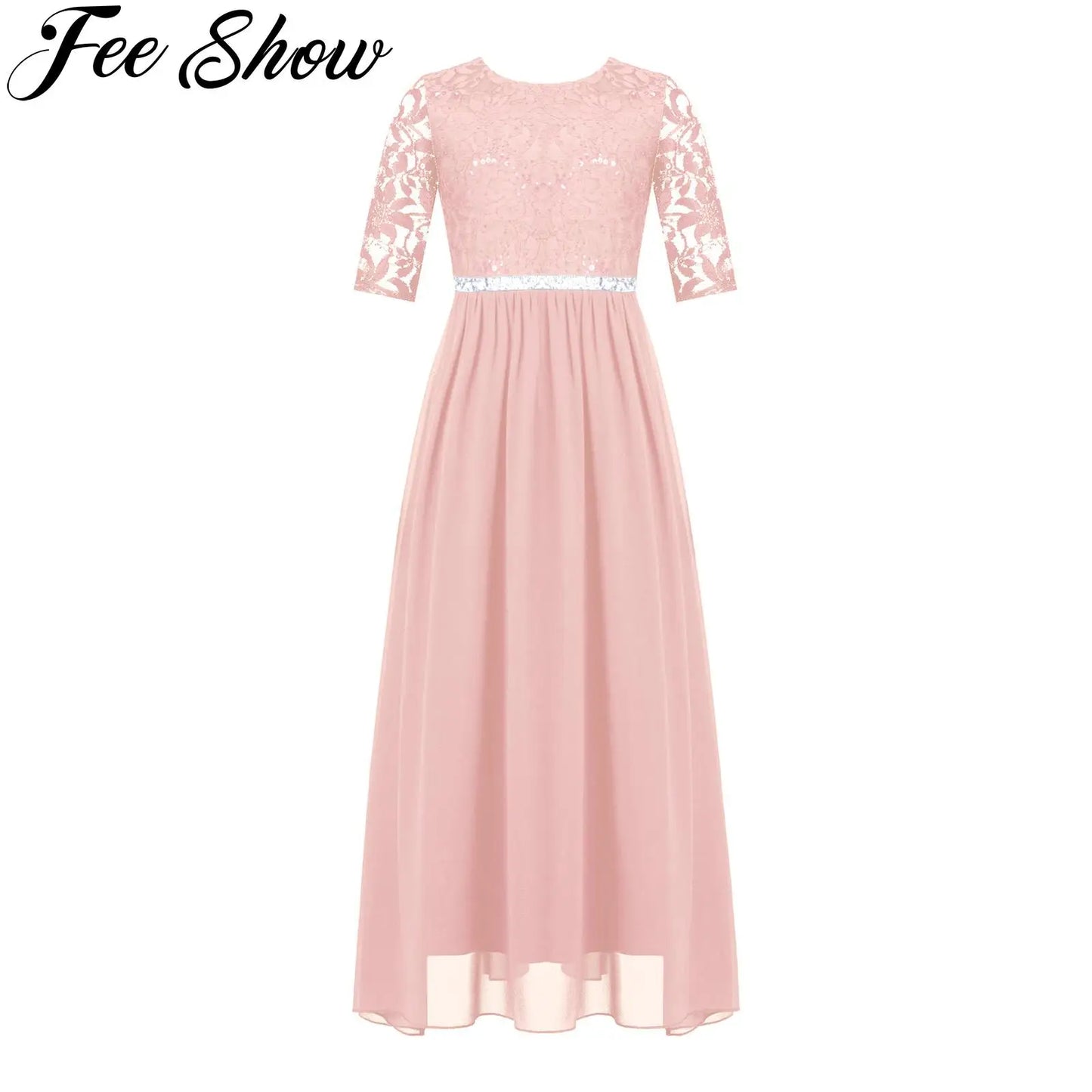 Floral Lace Bodice Chiffon Hem Dress