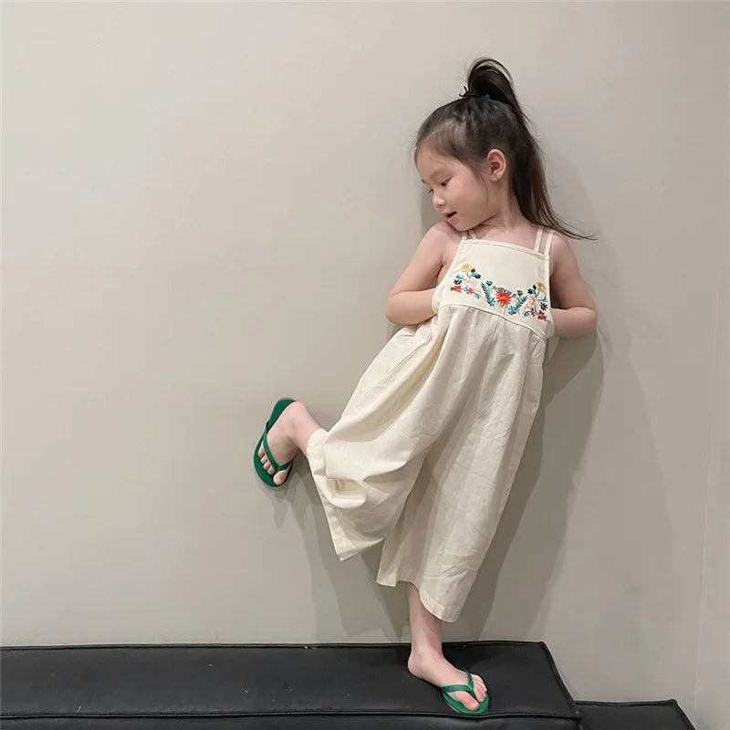 Girls Cotton Beige Strapped Jumpsuit