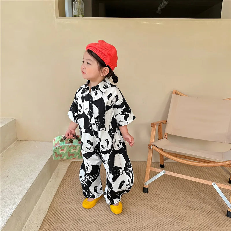 Summer panda print sleeve jumpsuits