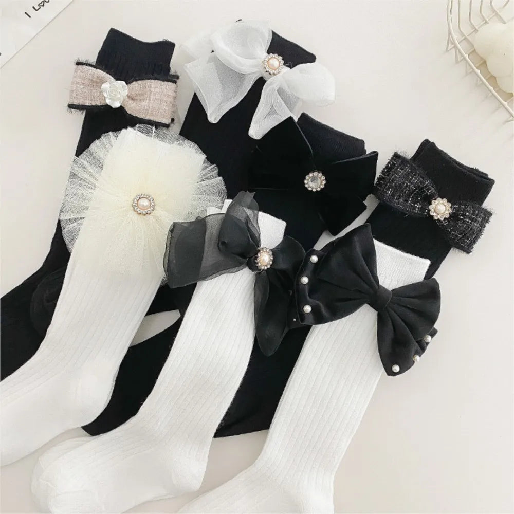 Girls pearl big bowknot calf socka