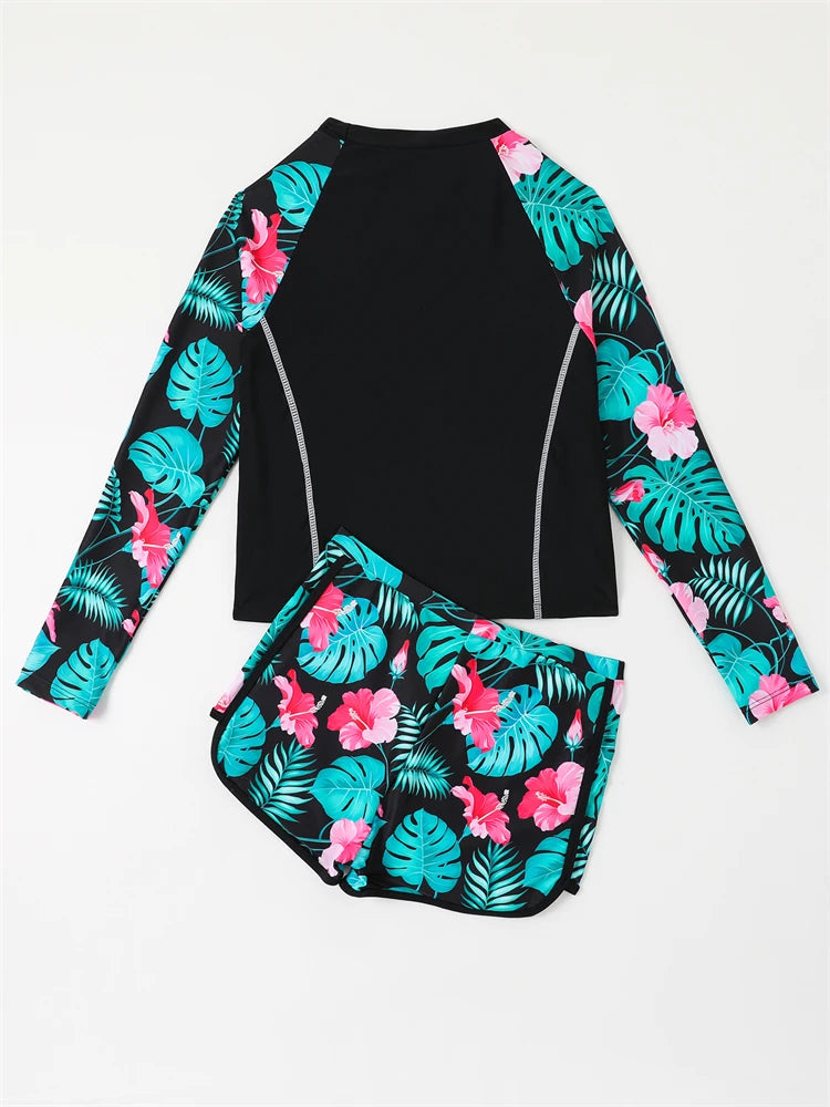 Solid Print Long Sleeves Swimwear