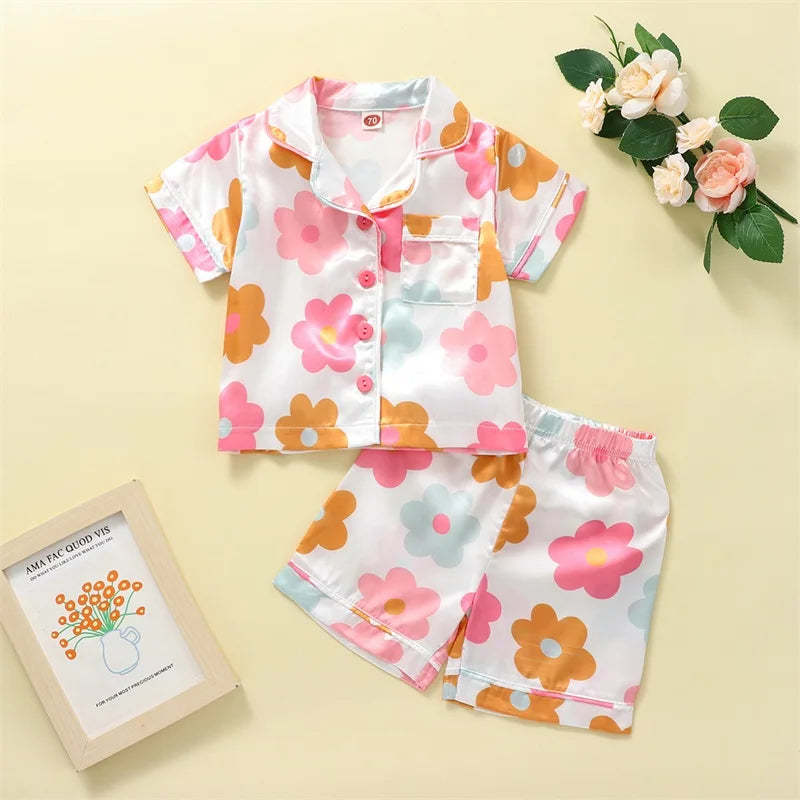 Floral Silk Pajamas  Short Sleeve