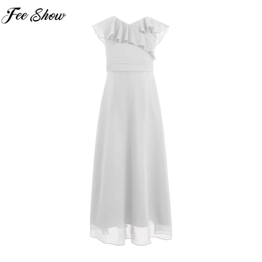 Ruffle Chiffon V Neck Floor Length Dress