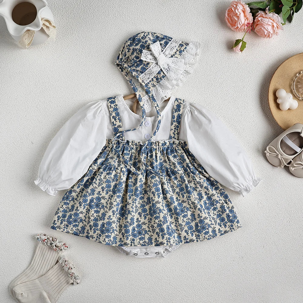 Floral Girls Long Sleeve dress+ Hat