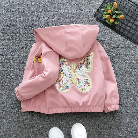 Hooded Sequin Butterfly Zipper Jacket