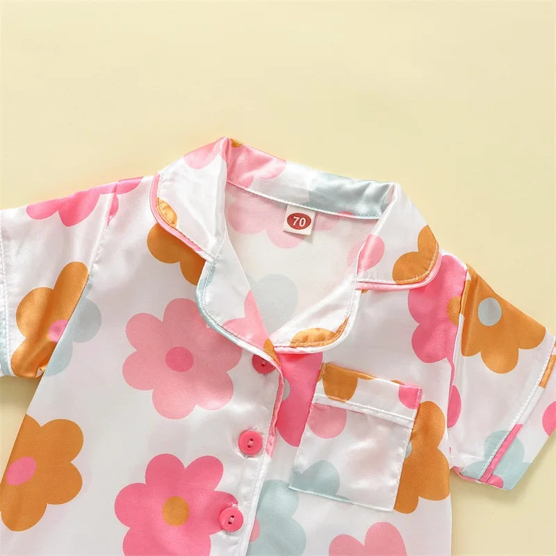 Floral Silk Pajamas  Short Sleeve