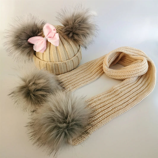 fur ribbon beanie pom poms scarf set