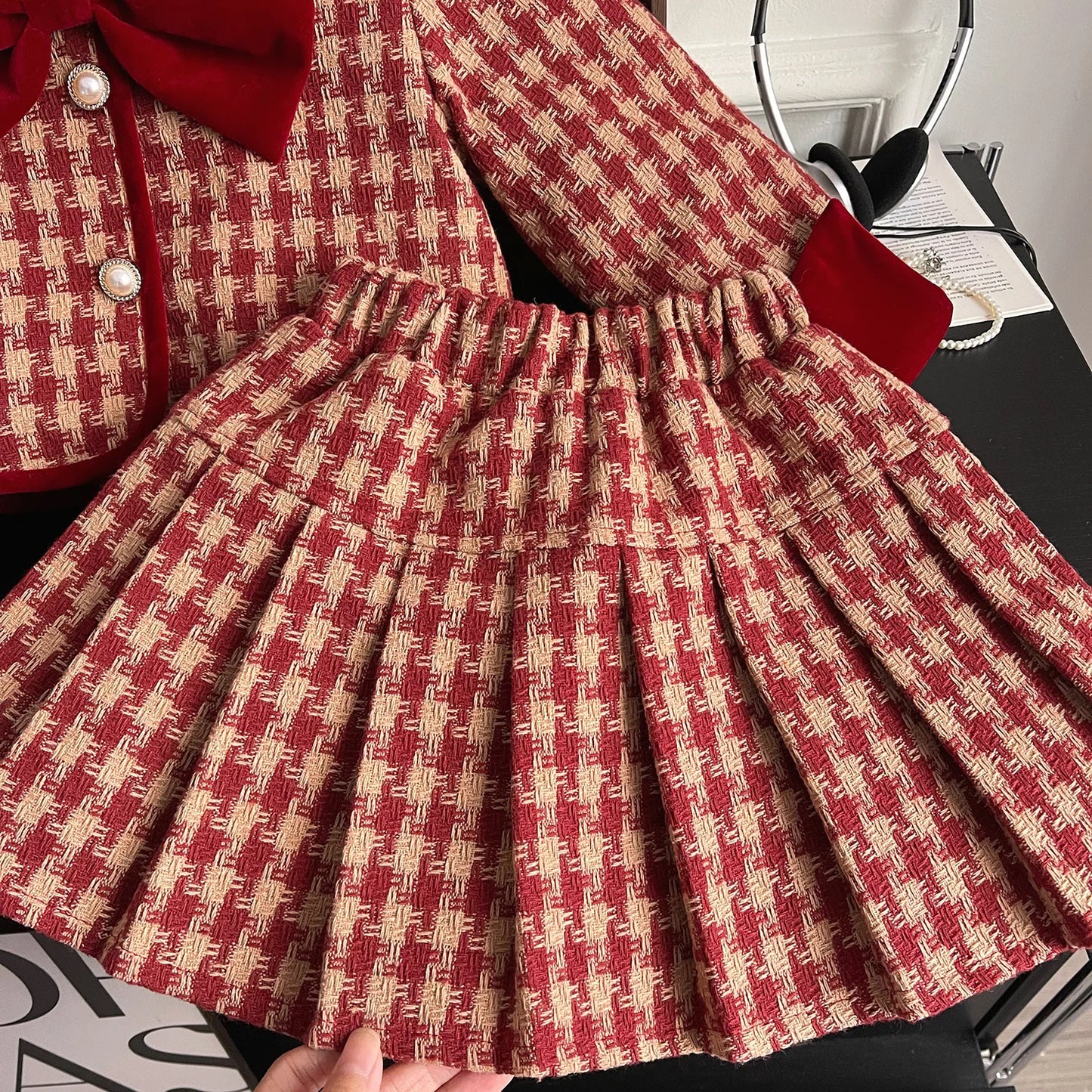 Red Grid Bow Two Piece Set