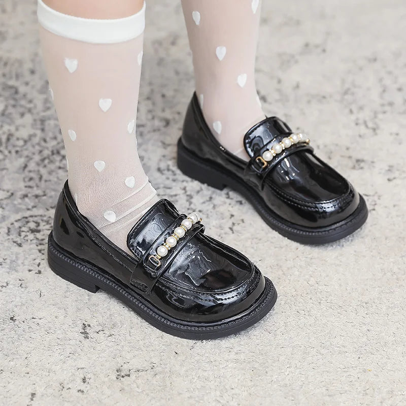 Girls Leather Black Loafers Slip-on Flats