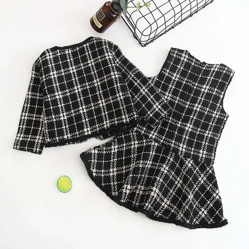 Black and White Plaid Woolen Coat 2PCS