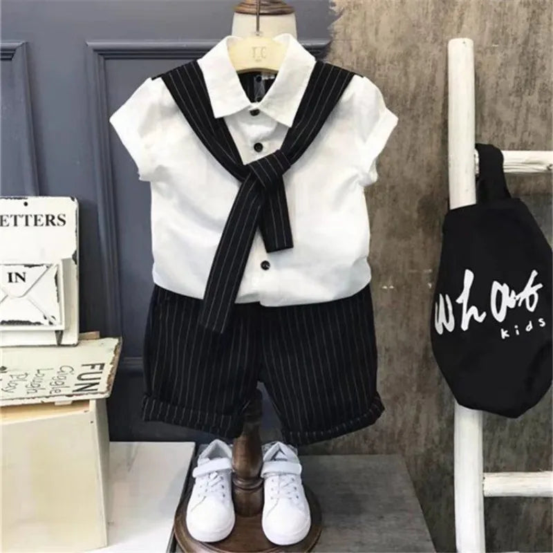 Striped Short Sleeve Shirt Shorts Set