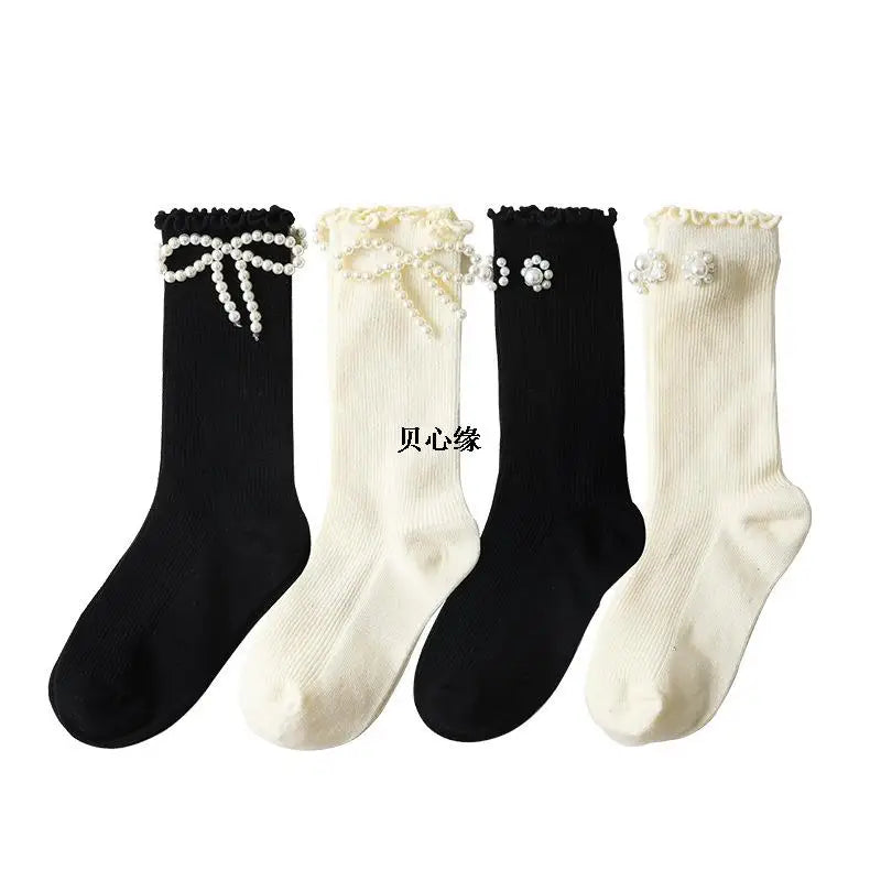 Sweet Bowknot Pearl Knee High Sock