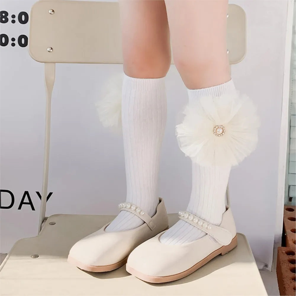 Girls pearl big bowknot calf socka