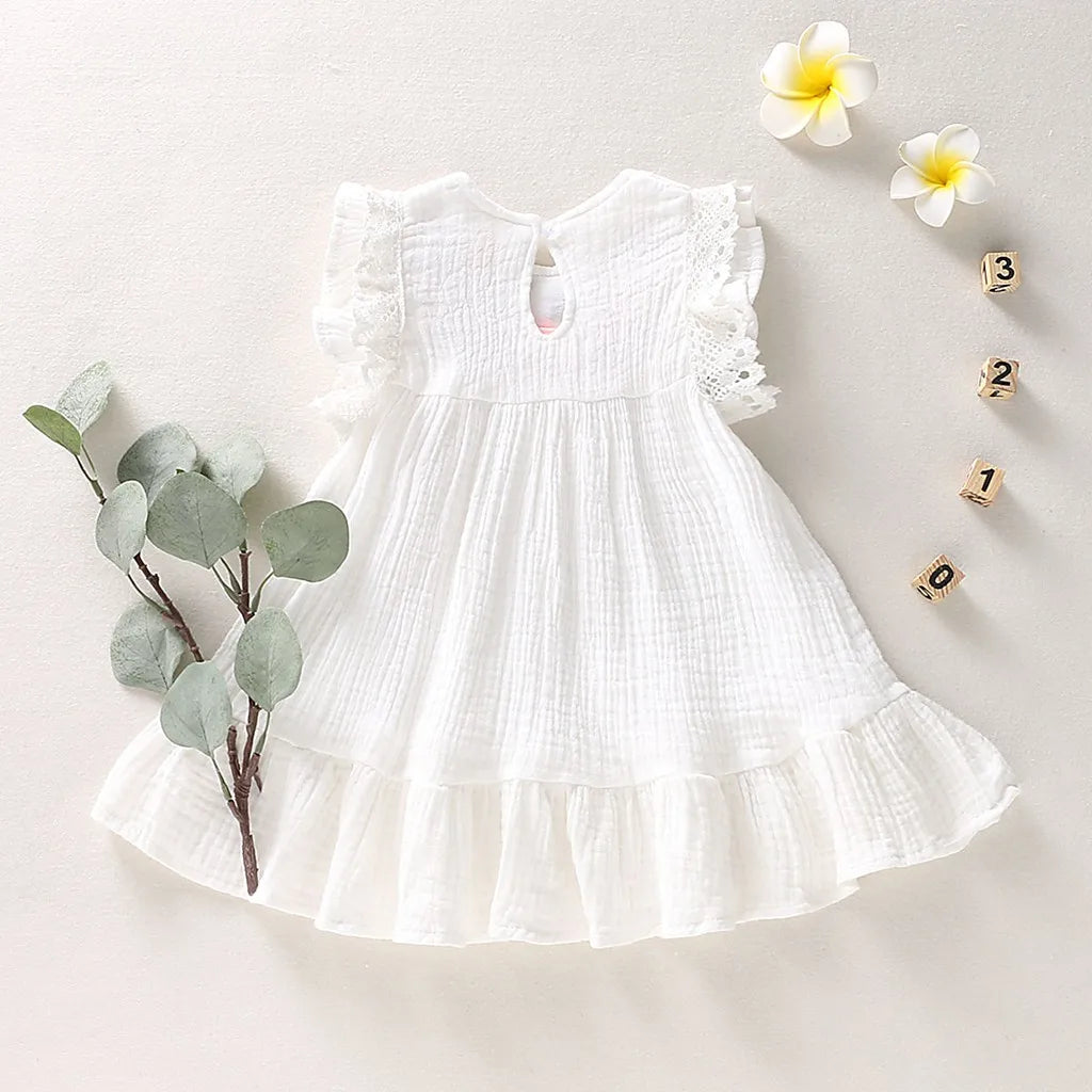 Cotton Pleated Short Sleeve White Dress