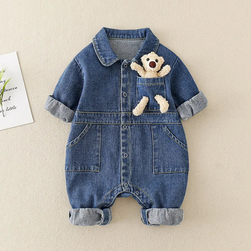 Denim Jumpsuits Pocket Bear Romper