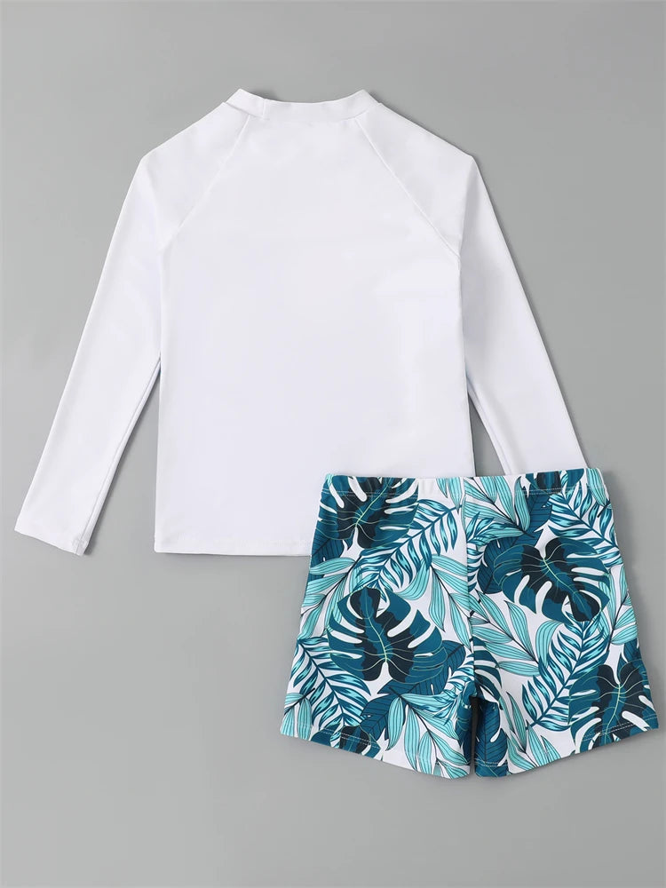 Leaf Print Long Sleeve Swimwear